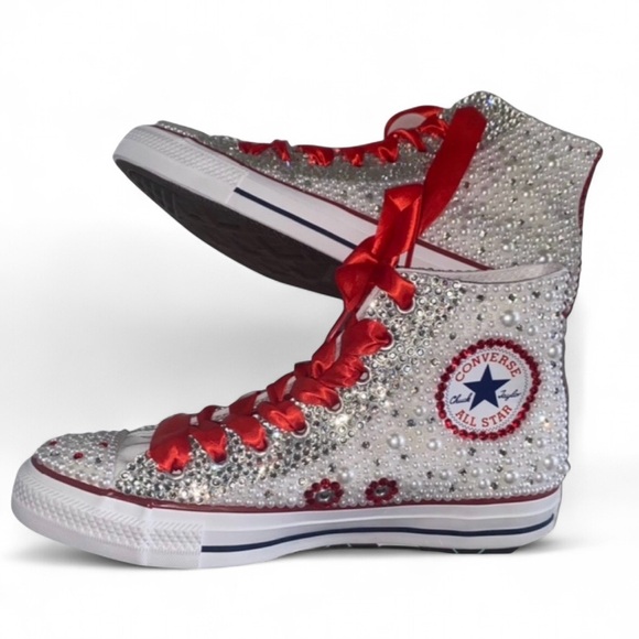Siam Red Crystal Diamond & Pearls High Top Converse Sizes 5-14 New - Picture 4 of 14